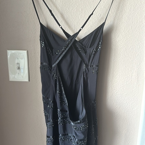 BEBE Beaded Feather Black Long Evening Dress - Picture 8 of 10